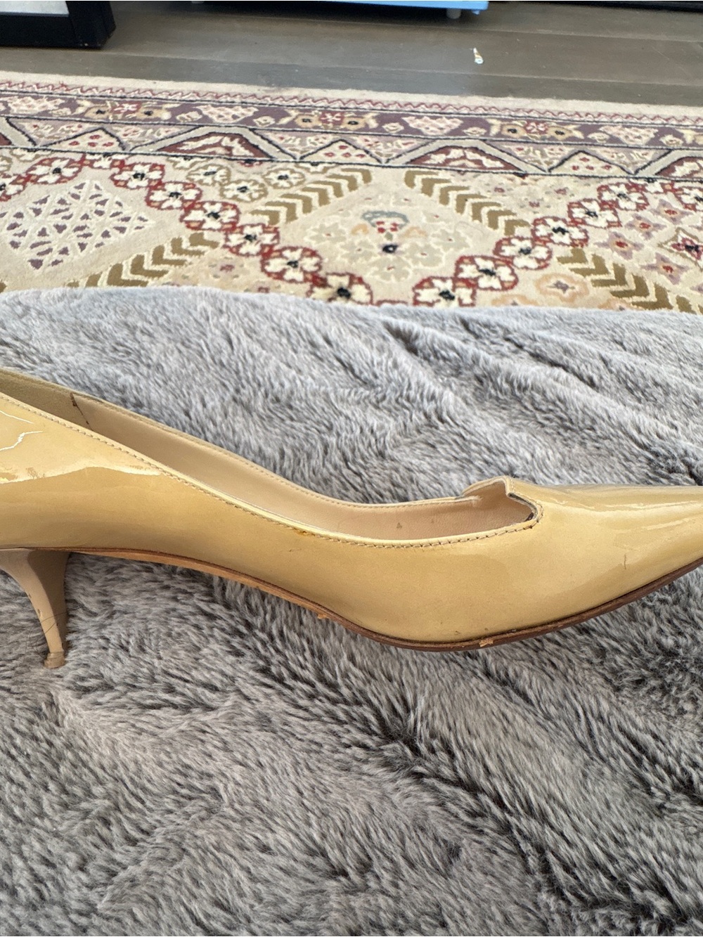 Jimmy Choo Beige Patent Leather Kitten Heel Pumps
